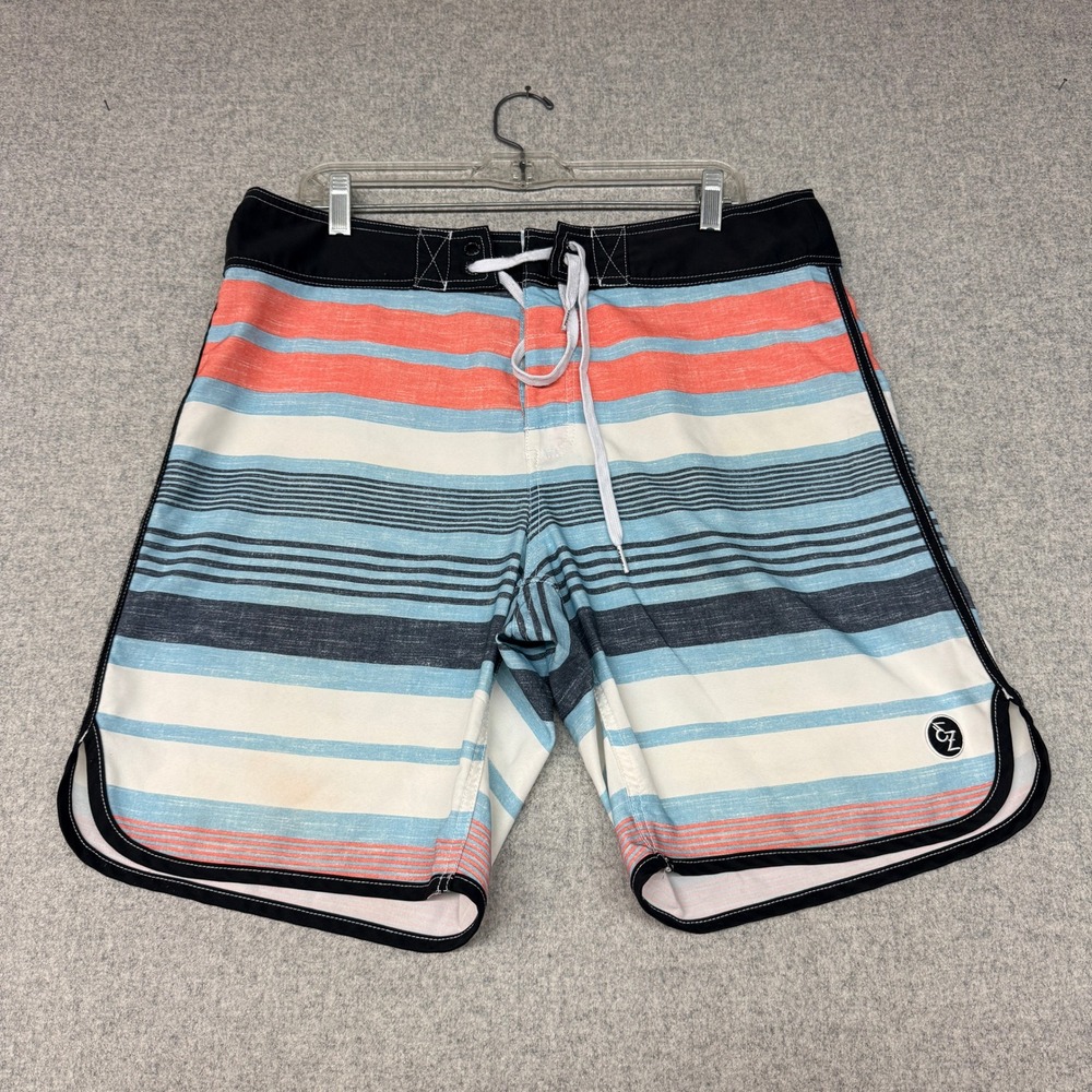 Ezekiel Board Shorts Size 34 Blue Orange Striped Scalloped Surf Swim Trunks 2538